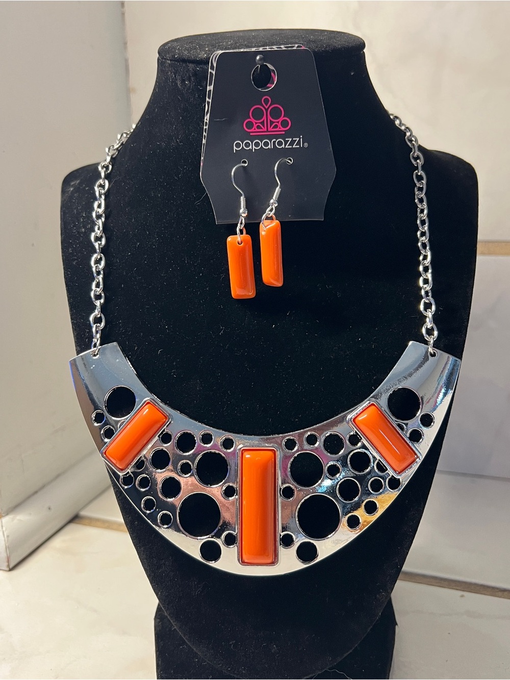 Paparazzi Silver-Tone Necklace & Earrings with Bright Orange Accents